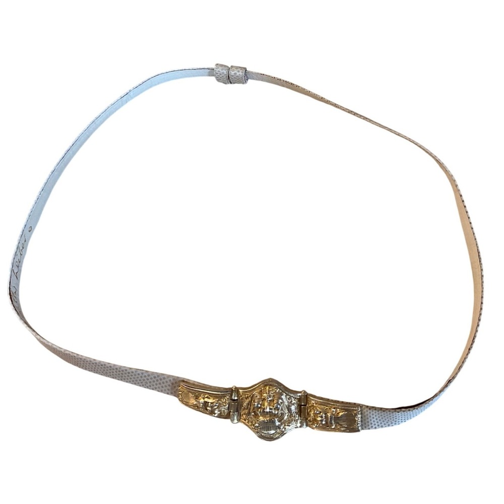 Vintage Judith Leiber Belt White Lizard Gold Ornate Buckle Statement Glamour